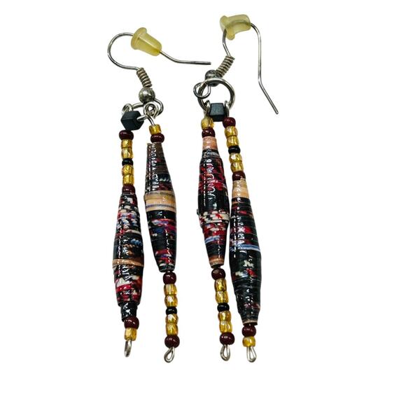 Paper and Seed Bead Earrings Fishhook Pierced 2.5" Drop Dangle - Picture 5 of 5
